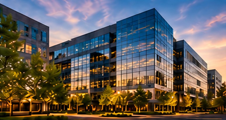 Glass office towers at sunset